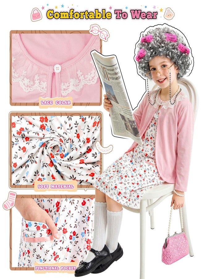 STOPKLAS Old Lady Costume for Kids, 100 Days of School Costume for Girls, 100th day of School Granny Grandma Dress Up Costume Outfit, Old Lady Cosplay Set with Old Lady Dress and Wig for Gilrs 5 6 7 - Image 3
